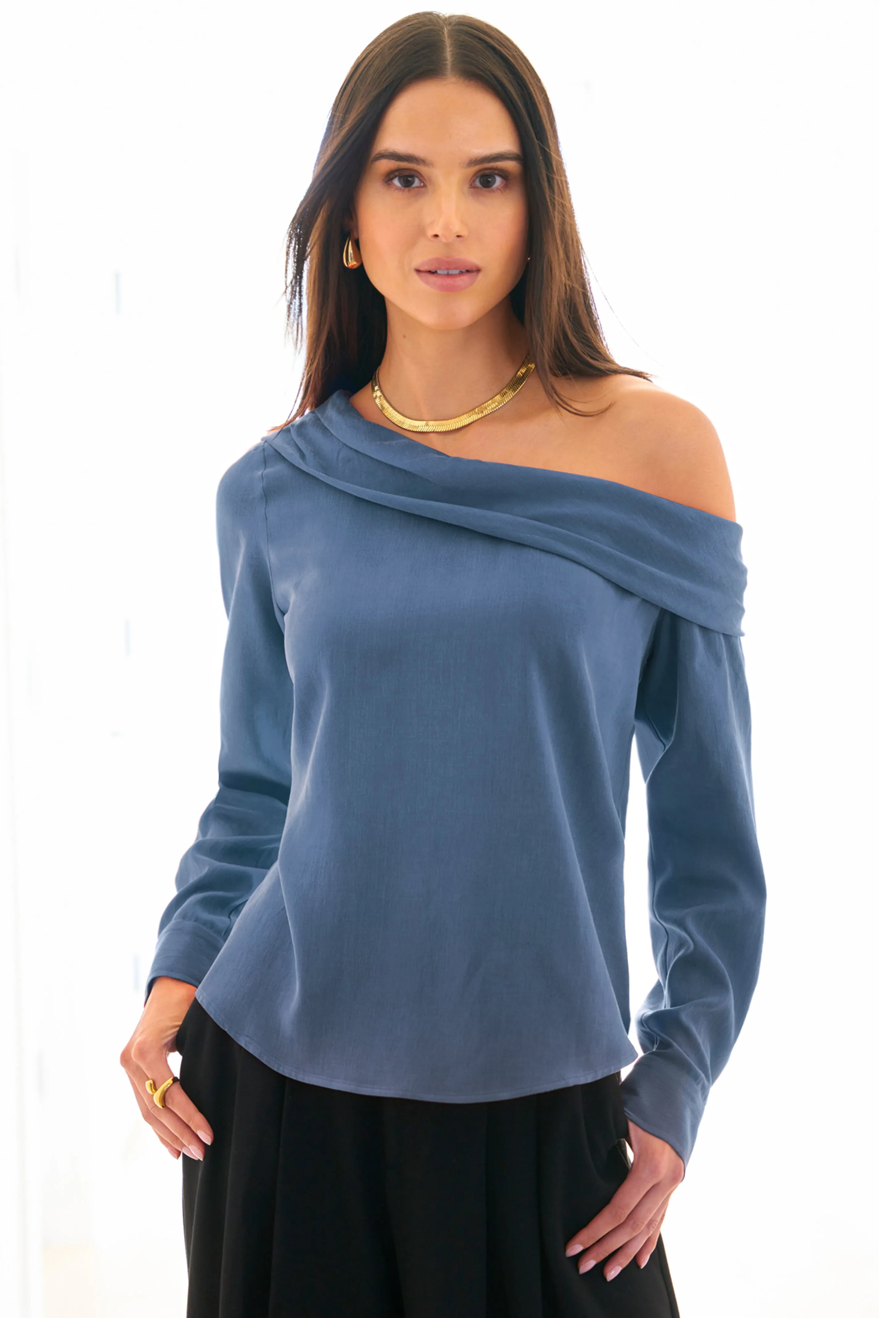 Dani Long Sleeve Off Shoulder Top, Washed Cupro Cotton Teal Blue wool mark