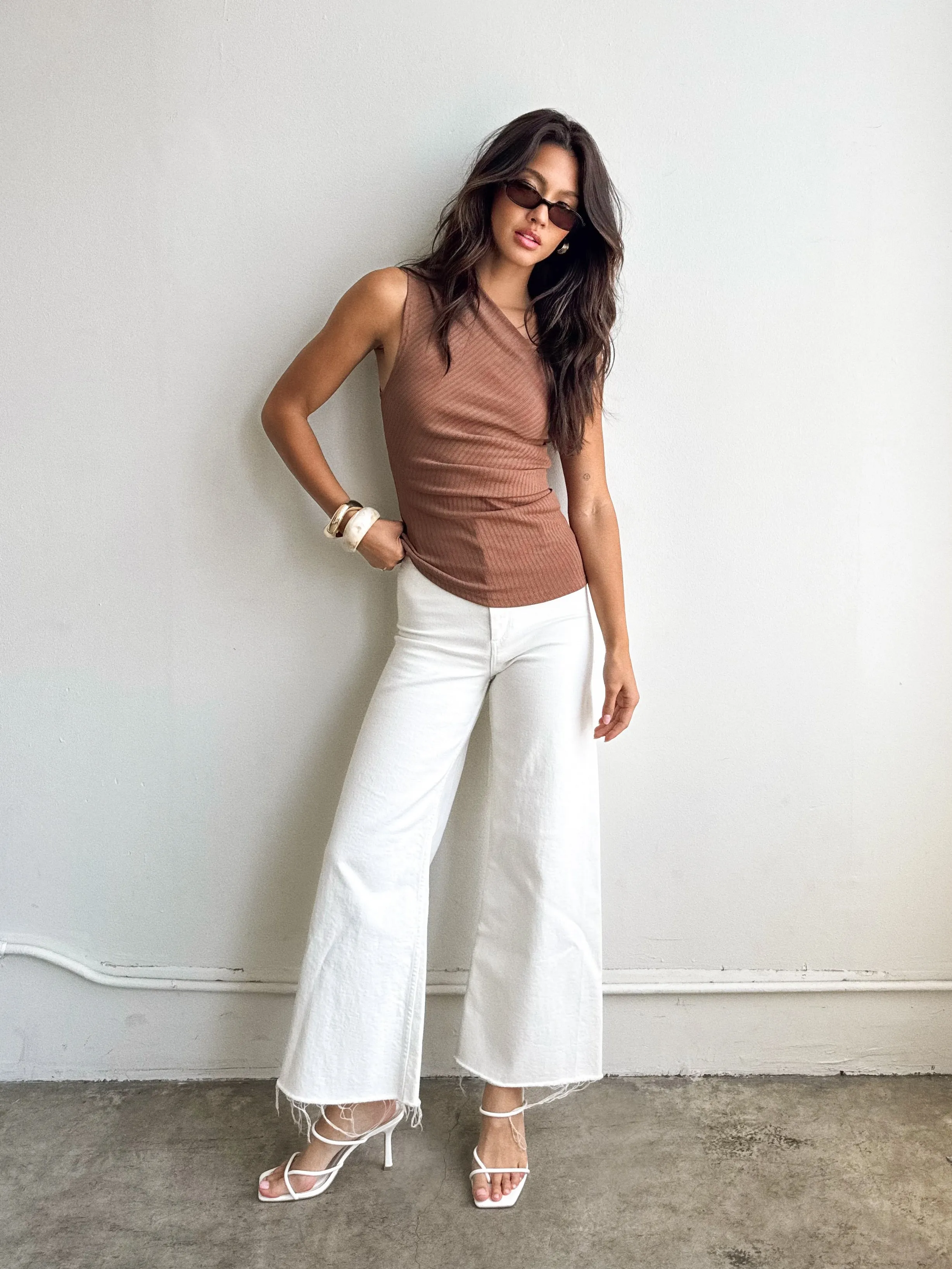 Diem Ribbed One Shoulder Top in Brown minimal core