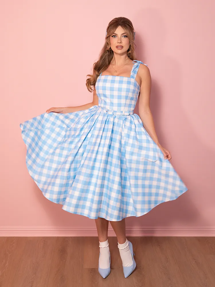 Dream-House Swing Dress and Matching Bow in Baby Blue Gingham - Vixen by Micheline Pitt basic sharp