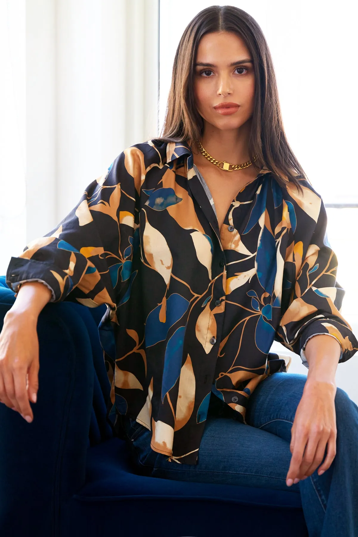 Dylan Dolman Sleeve Button-Down Shirt, Blue & Bronze Floral vest pair