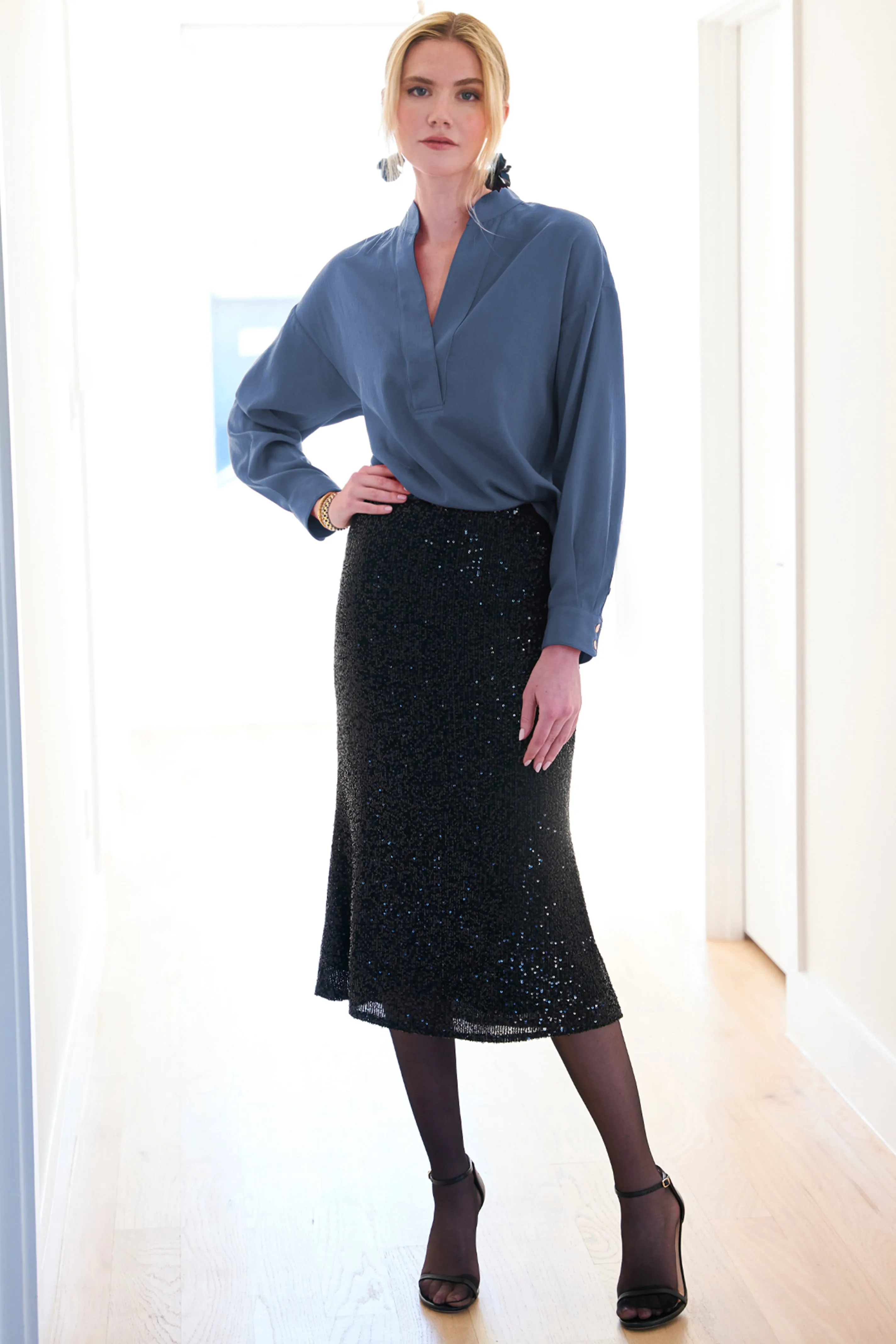 Elsa Popover Top Washed Cupro Cotton Dark Teal button soft