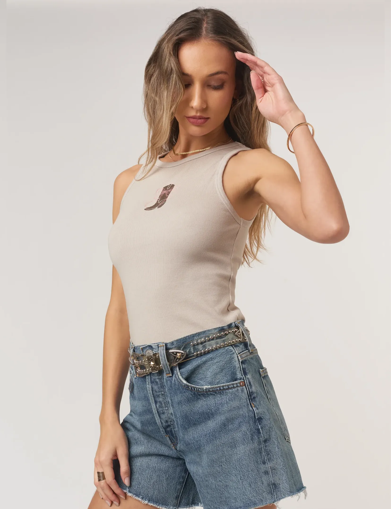 Embroidered Bow Boot Tank, Raw Linen move flow