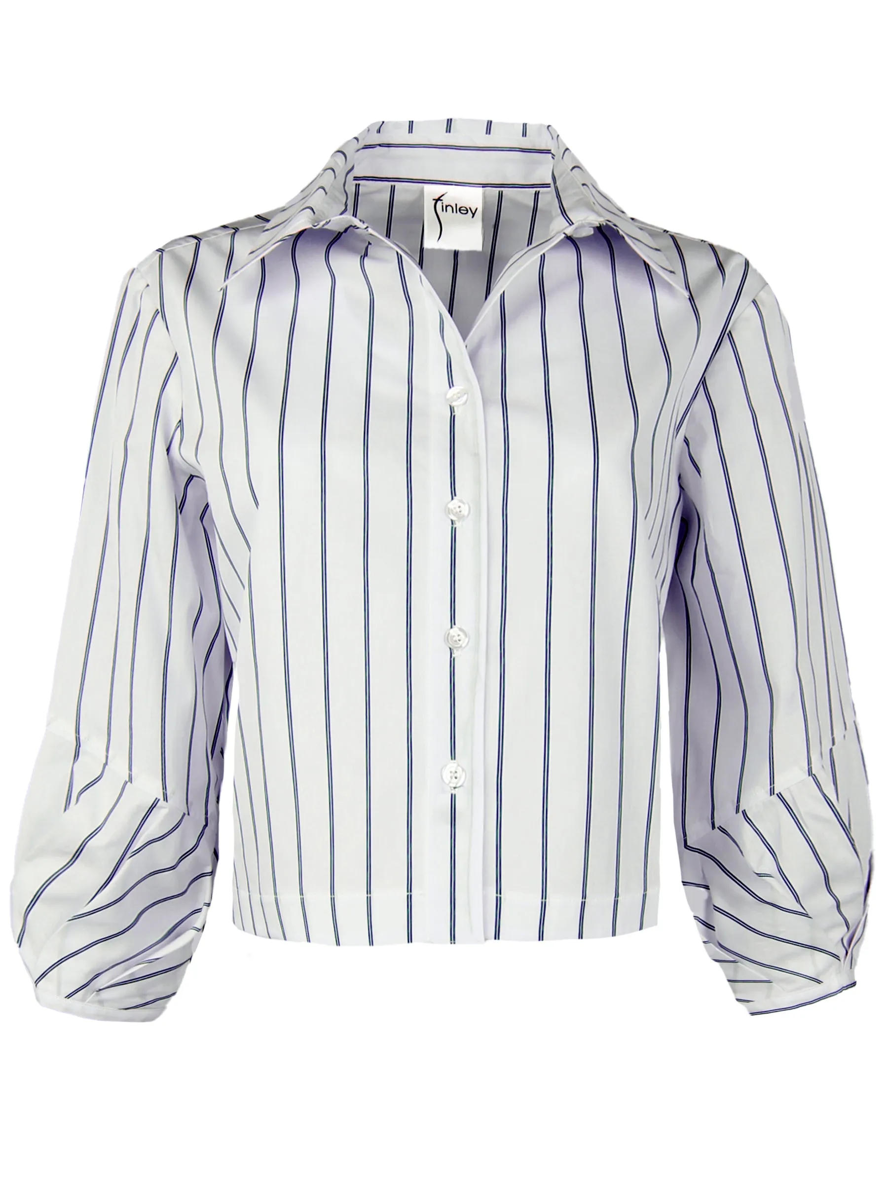 Emmy, Pleated Cuff Cropped Poplin Shirt, Blue Pinstripe turtle neck