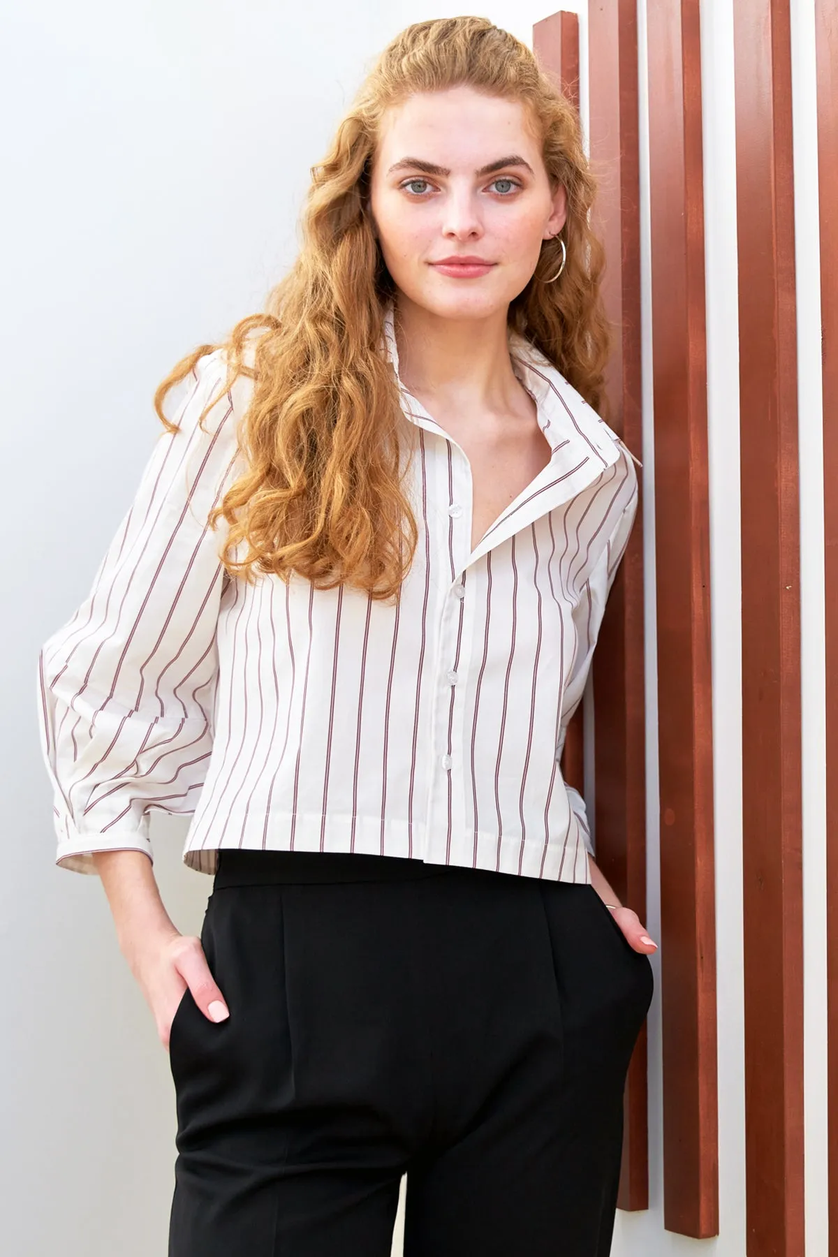 Emmy, Pleated Cuff Cropped Poplin Shirt, Red Pinstripe still mind