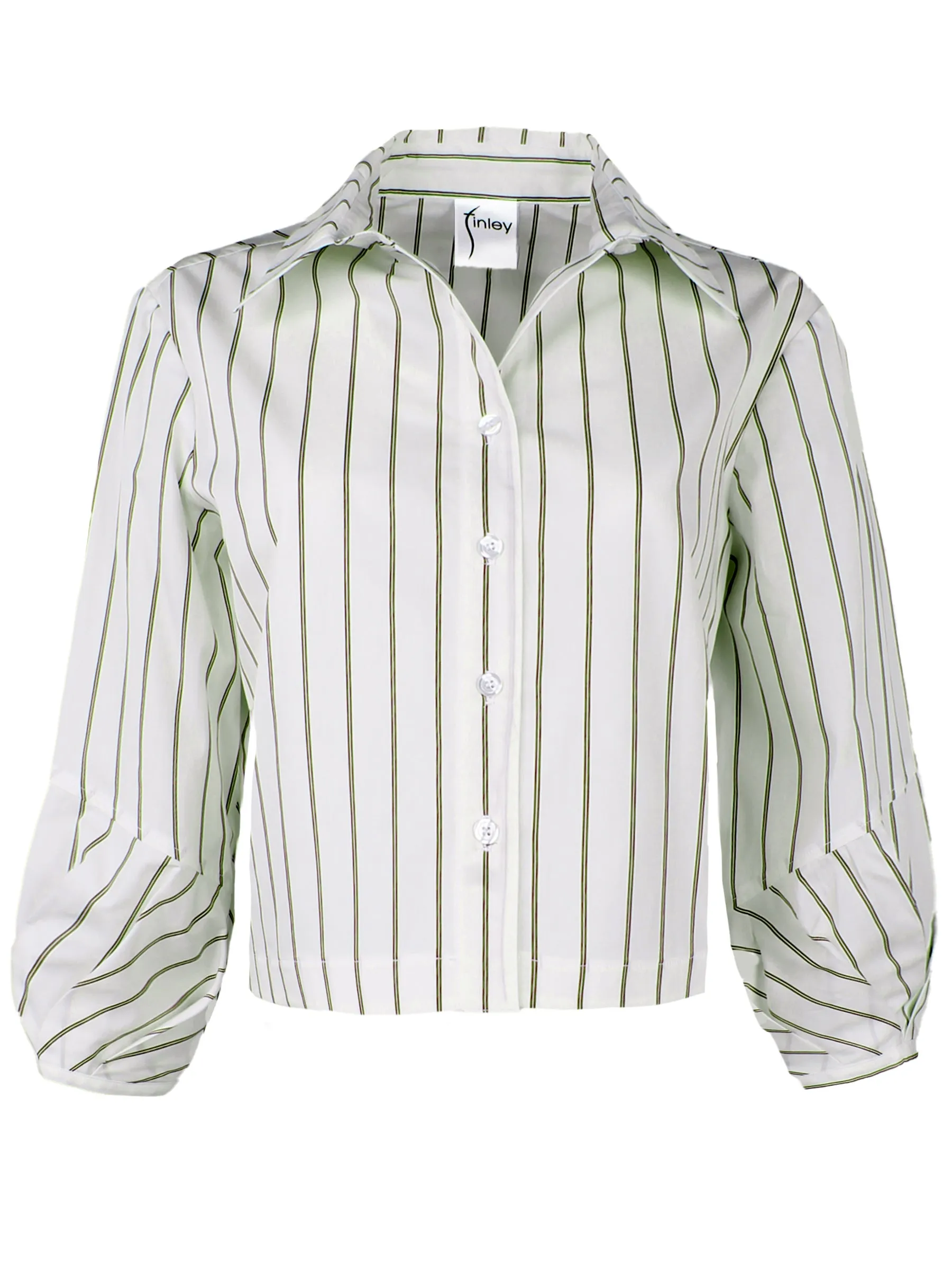 Emmy Poplin Cropped Shirt, Olive Pinstripe slow warmth