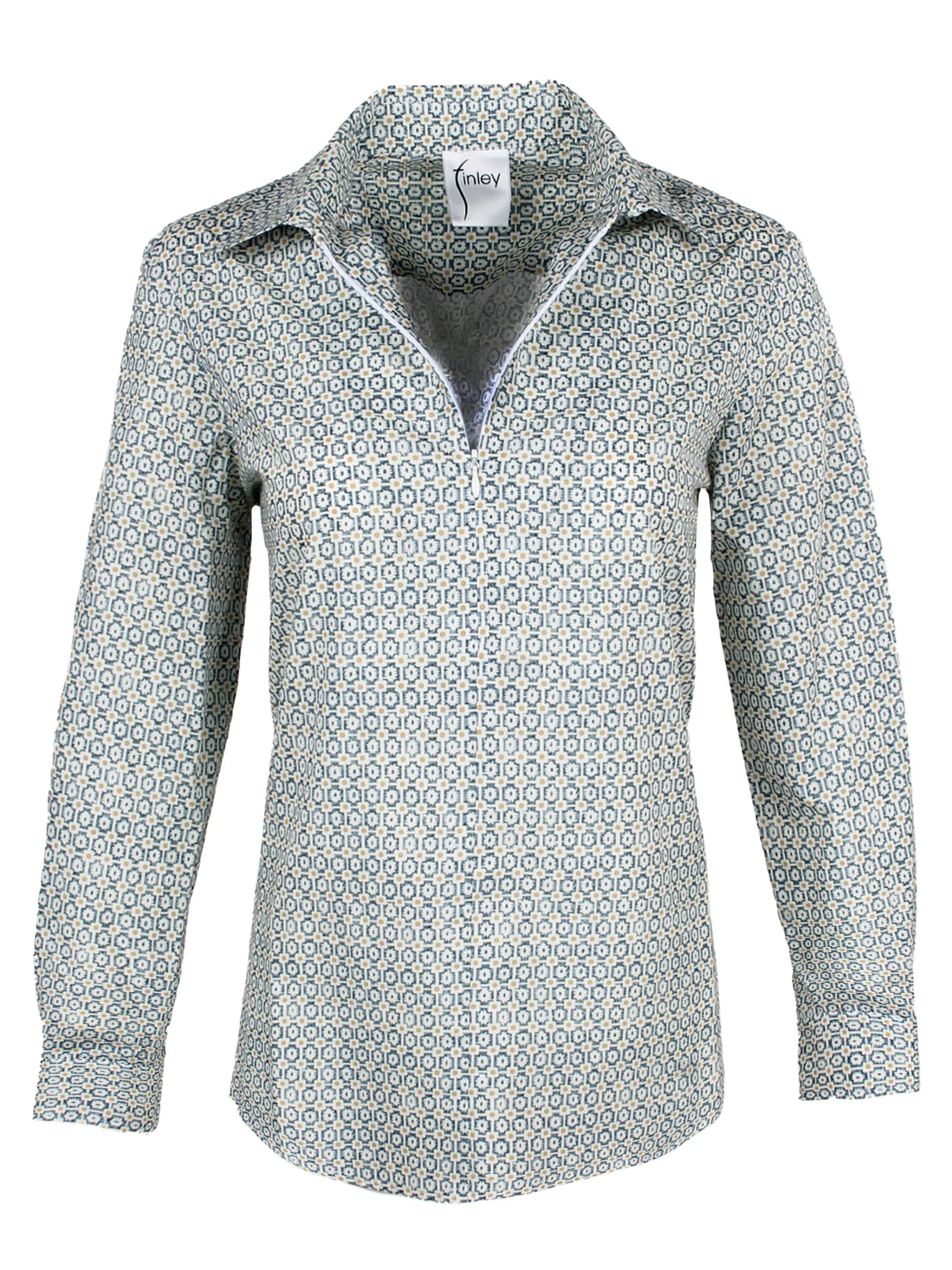 Endora Long Sleeve Half Zip Shirt Teal Blue Geometric Print skin nest