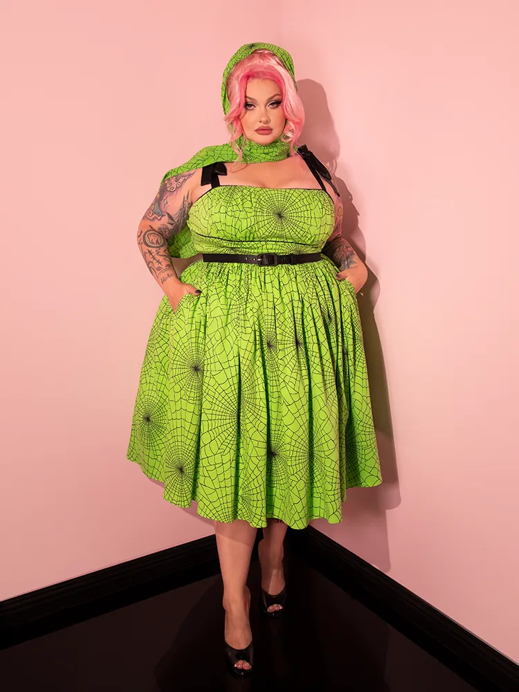 FINAL SALE - 1950s Swing Sundress and Scarf in Slime Green Spider Web Print - Vixen by Micheline Pitt cashmere fit