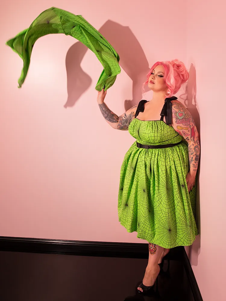 FINAL SALE - 1950s Swing Sundress and Scarf in Slime Green Spider Web Print - Vixen by Micheline Pitt cashmere fit