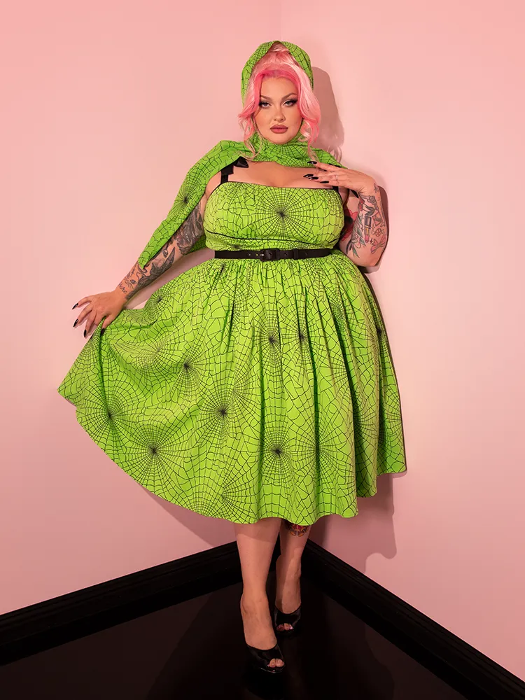 FINAL SALE - 1950s Swing Sundress and Scarf in Slime Green Spider Web Print - Vixen by Micheline Pitt cashmere fit
