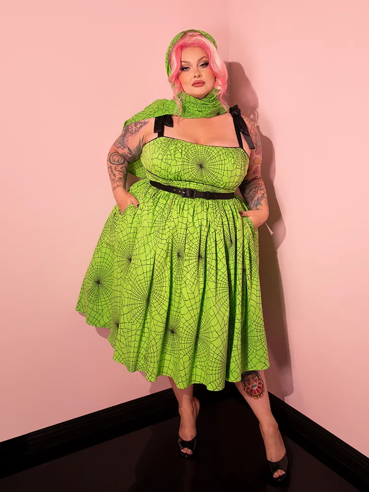 FINAL SALE - 1950s Swing Sundress and Scarf in Slime Green Spider Web Print - Vixen by Micheline Pitt cashmere fit