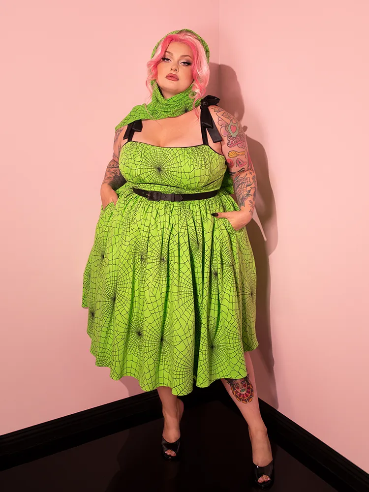 FINAL SALE - 1950s Swing Sundress and Scarf in Slime Green Spider Web Print - Vixen by Micheline Pitt cashmere fit