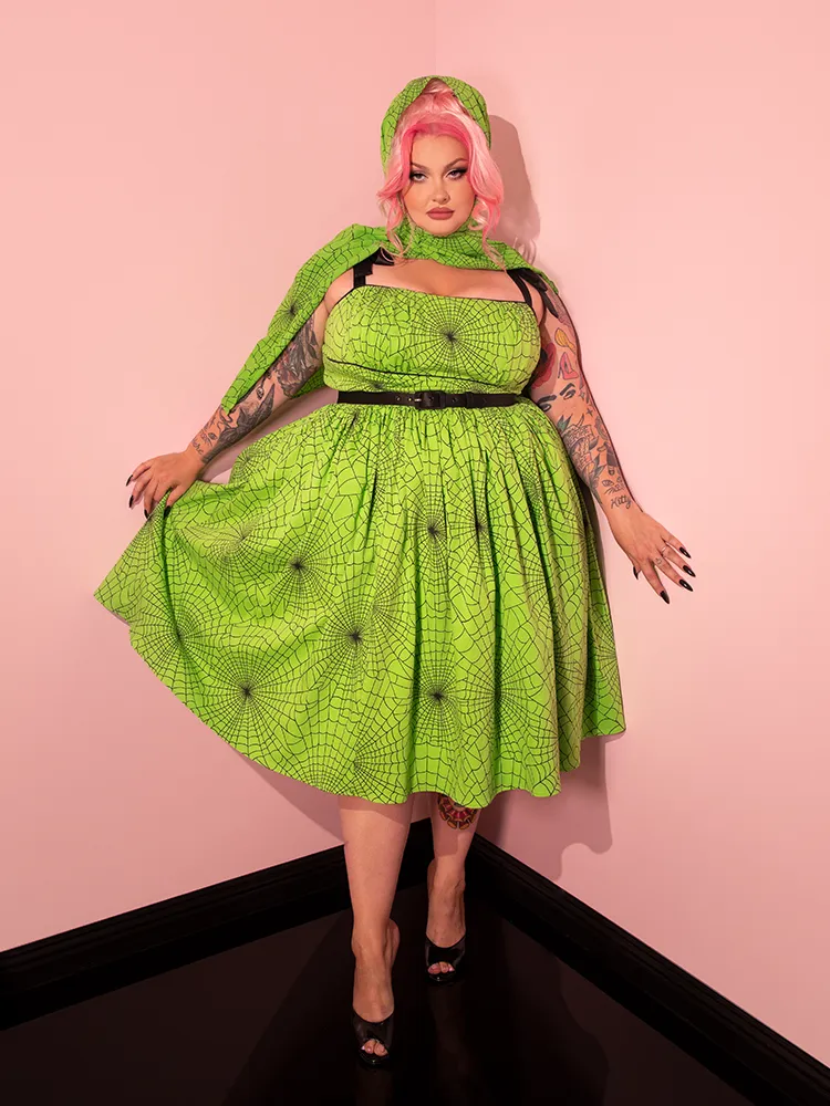 FINAL SALE - 1950s Swing Sundress and Scarf in Slime Green Spider Web Print - Vixen by Micheline Pitt cashmere fit
