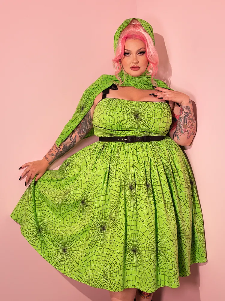FINAL SALE - 1950s Swing Sundress and Scarf in Slime Green Spider Web Print - Vixen by Micheline Pitt cashmere fit