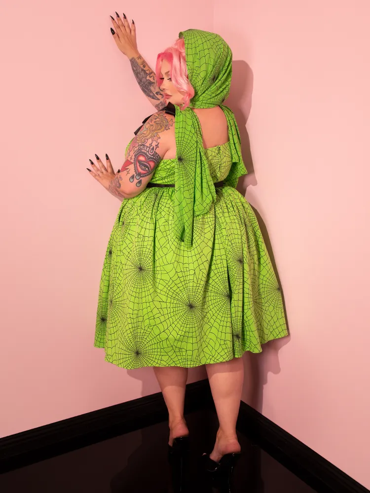 FINAL SALE - 1950s Swing Sundress and Scarf in Slime Green Spider Web Print - Vixen by Micheline Pitt cashmere fit