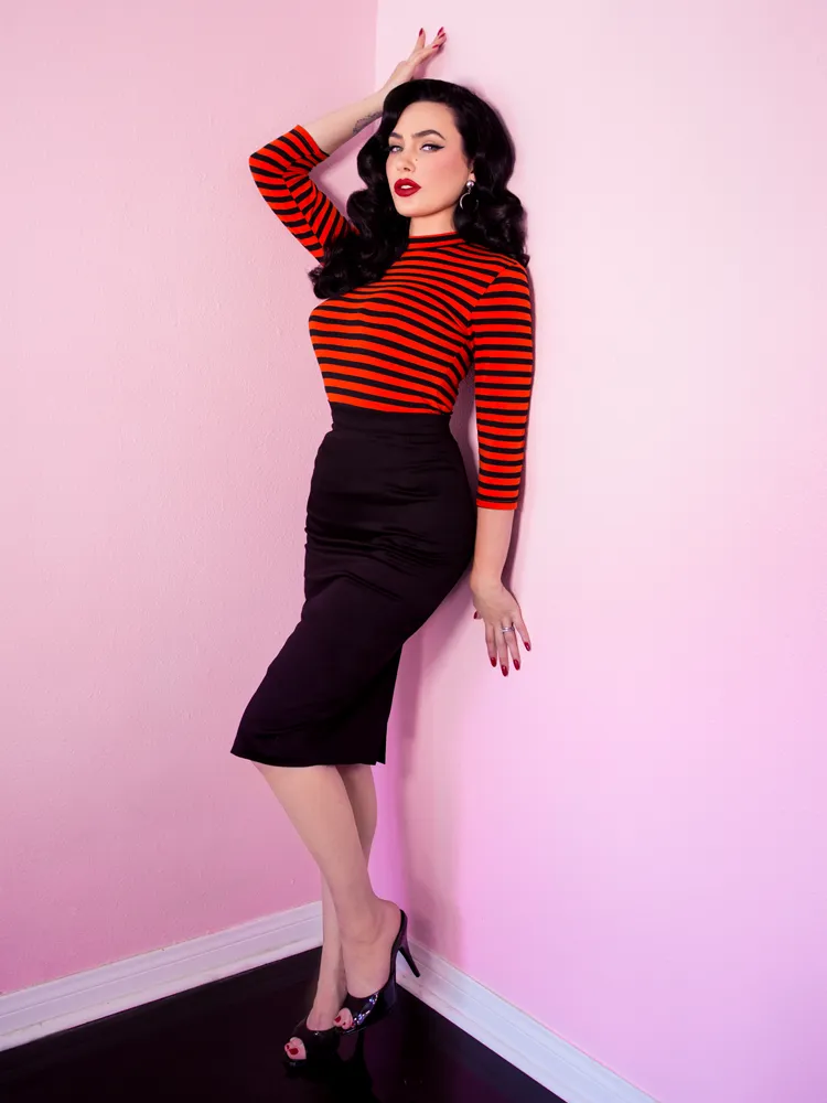 FINAL SALE - Bad Girl 3/4 Sleeve Top in Orange and Black Stripes - Vixen by Micheline Pitt tall frame