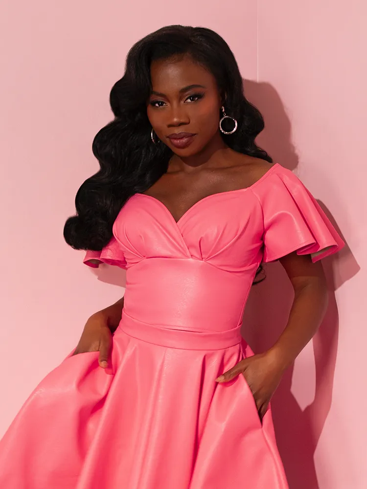FINAL SALE - Bad Girl Babydoll Crop Top in Flamingo Pink Vegan Leather - Vixen by Micheline Pitt sunset knit
