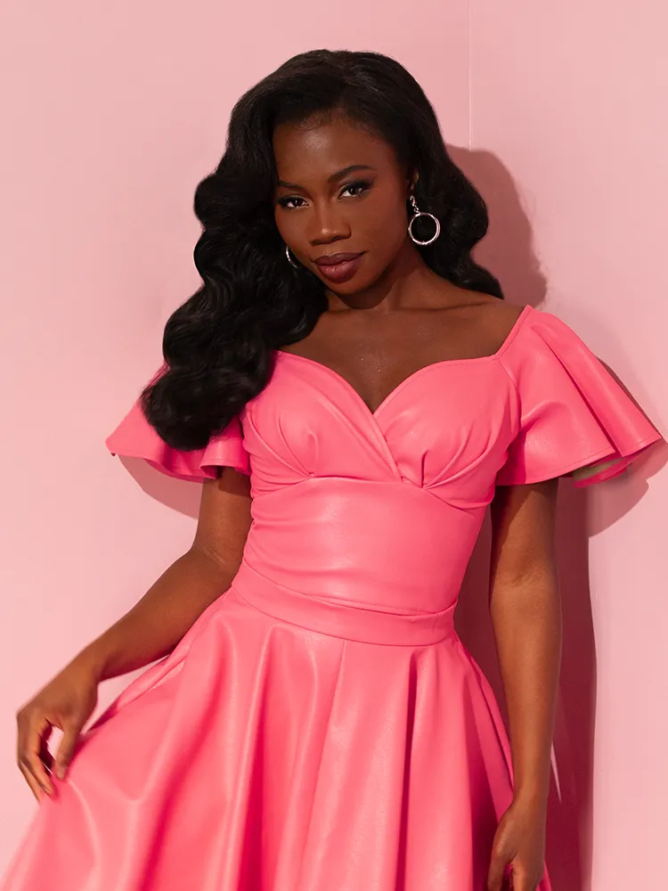 FINAL SALE - Bad Girl Babydoll Crop Top in Flamingo Pink Vegan Leather - Vixen by Micheline Pitt sunset knit