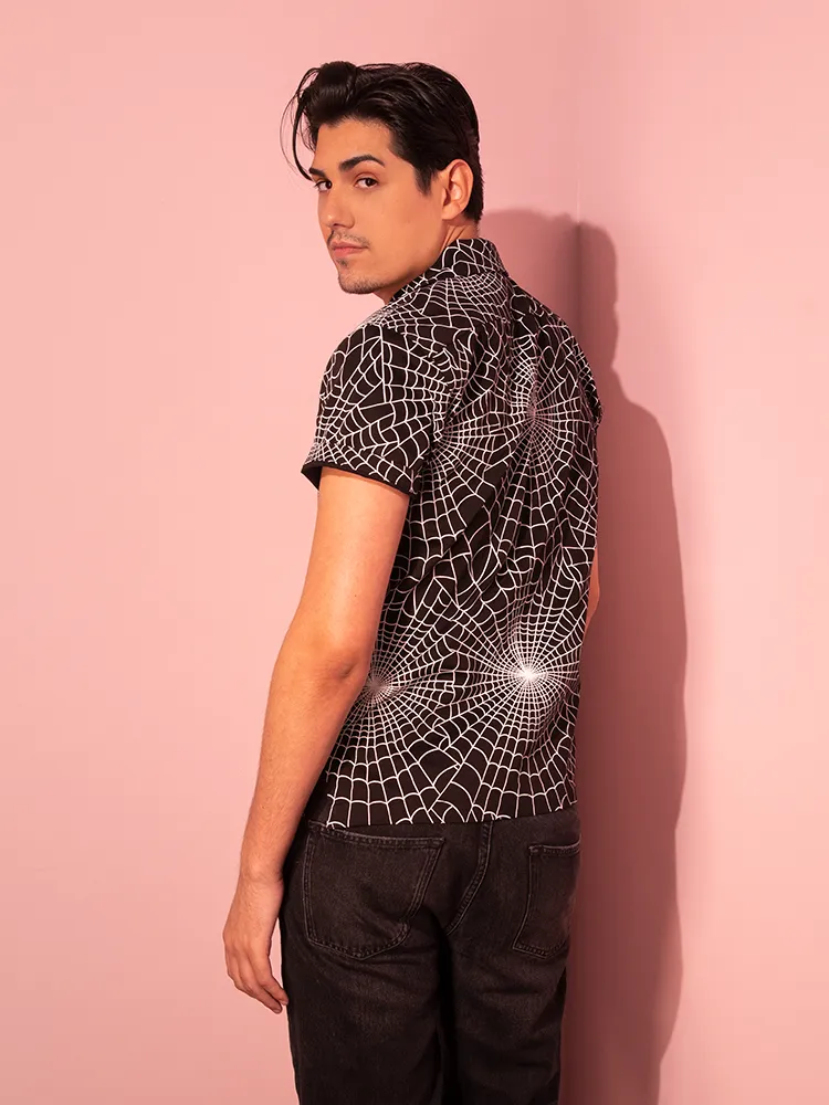 FINAL SALE - Button Up Short Sleeve Shirt in Halloween Spider Web Print in Black (unisex) office safe