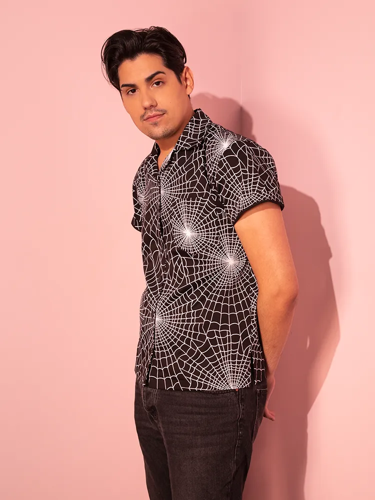 FINAL SALE - Button Up Short Sleeve Shirt in Halloween Spider Web Print in Black (unisex) office safe
