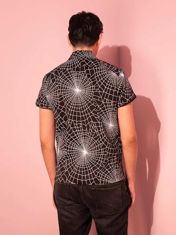 FINAL SALE - Button Up Short Sleeve Shirt in Halloween Spider Web Print in Black (unisex) office safe