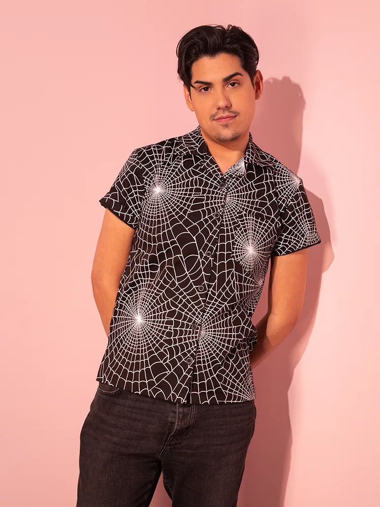 FINAL SALE - Button Up Short Sleeve Shirt in Halloween Spider Web Print in Black (unisex) office safe
