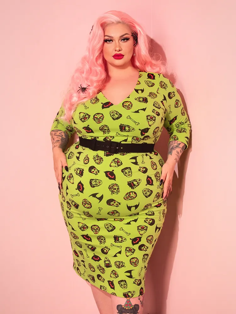 FINAL SALE - Deadly Wiggle Dress in Monster Mash Print - Vixen by Micheline Pitt home feel