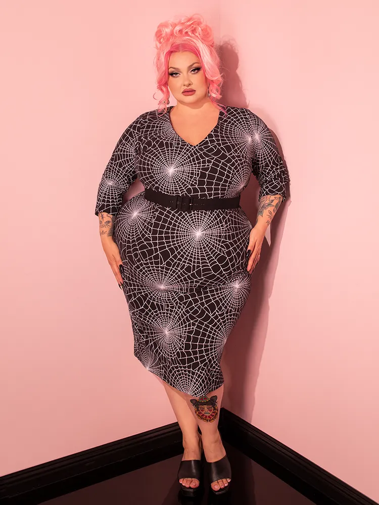 FINAL SALE - Deadly Wiggle Dress in Vintage Spider Web Print - Vixen by Micheline Pittg hood up