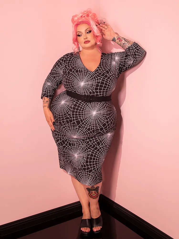 FINAL SALE - Deadly Wiggle Dress in Vintage Spider Web Print - Vixen by Micheline Pittg hood up