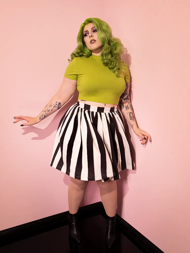 FINAL SALE - Ghost Swing Skirt in Black & White Stripes (Petite) - Vixen by Micheline Pitt fireplace warm