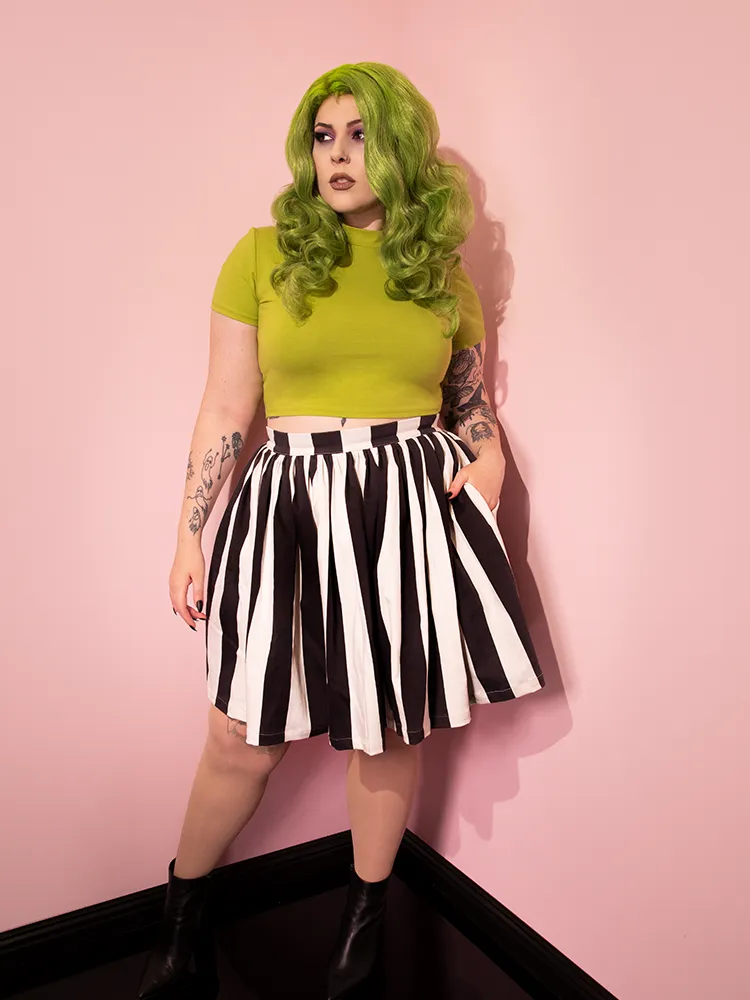 FINAL SALE - Ghost Swing Skirt in Black & White Stripes (Petite) - Vixen by Micheline Pitt fireplace warm