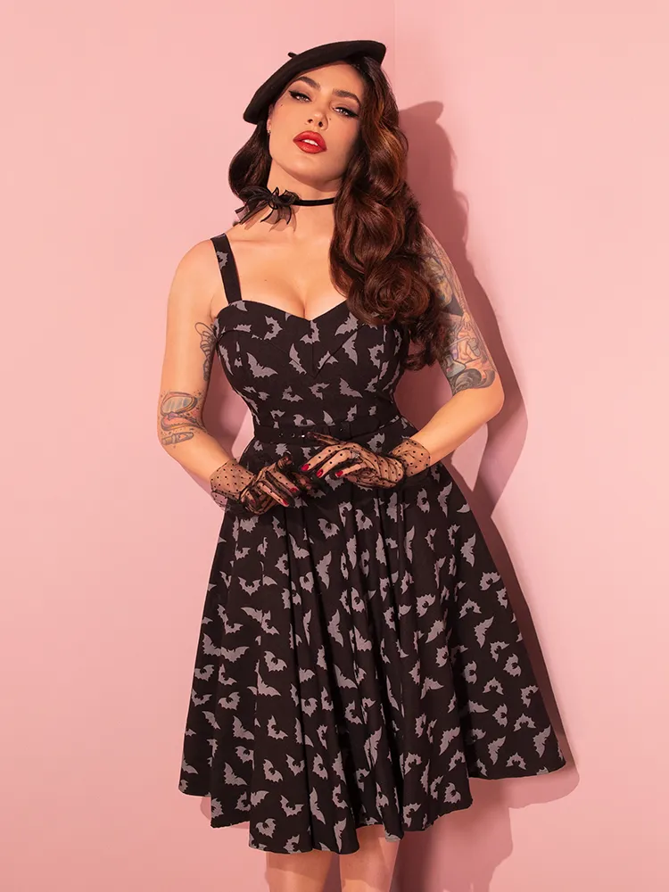 FINAL SALE - Maneater Swing Dress in Glow in the Dark Bat Print in Black - Vixen by Micheline Pitt fall ready