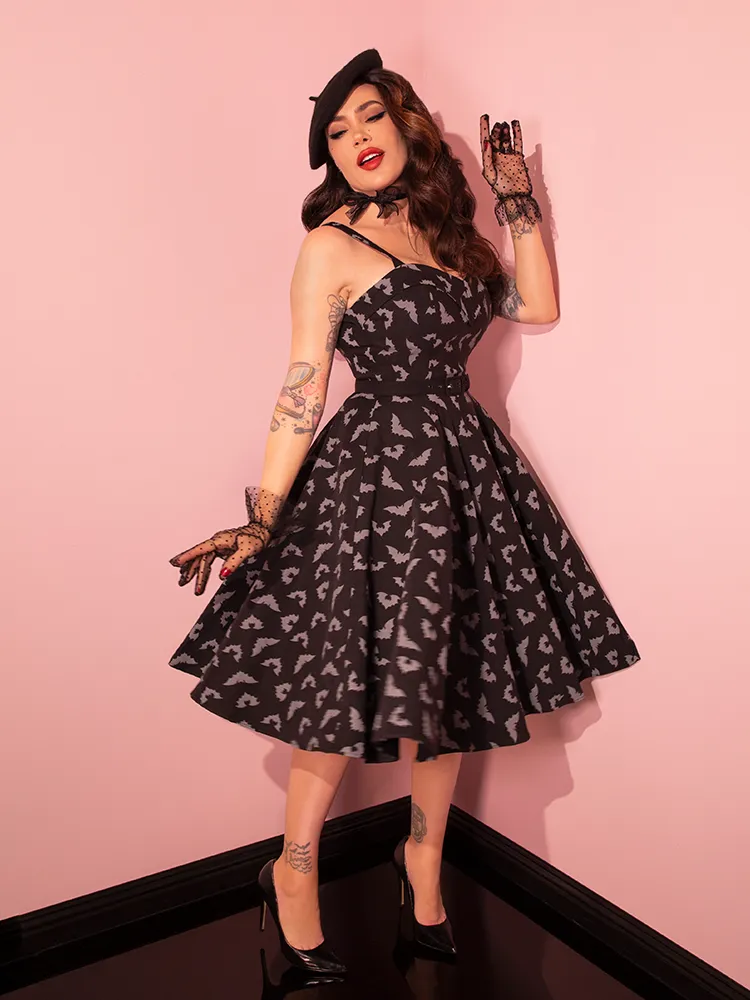 FINAL SALE - Maneater Swing Dress in Glow in the Dark Bat Print in Black - Vixen by Micheline Pitt fall ready