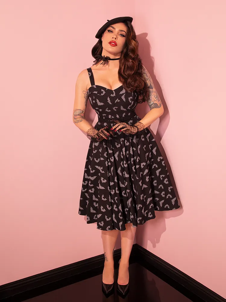 FINAL SALE - Maneater Swing Dress in Glow in the Dark Bat Print in Black - Vixen by Micheline Pitt fall ready