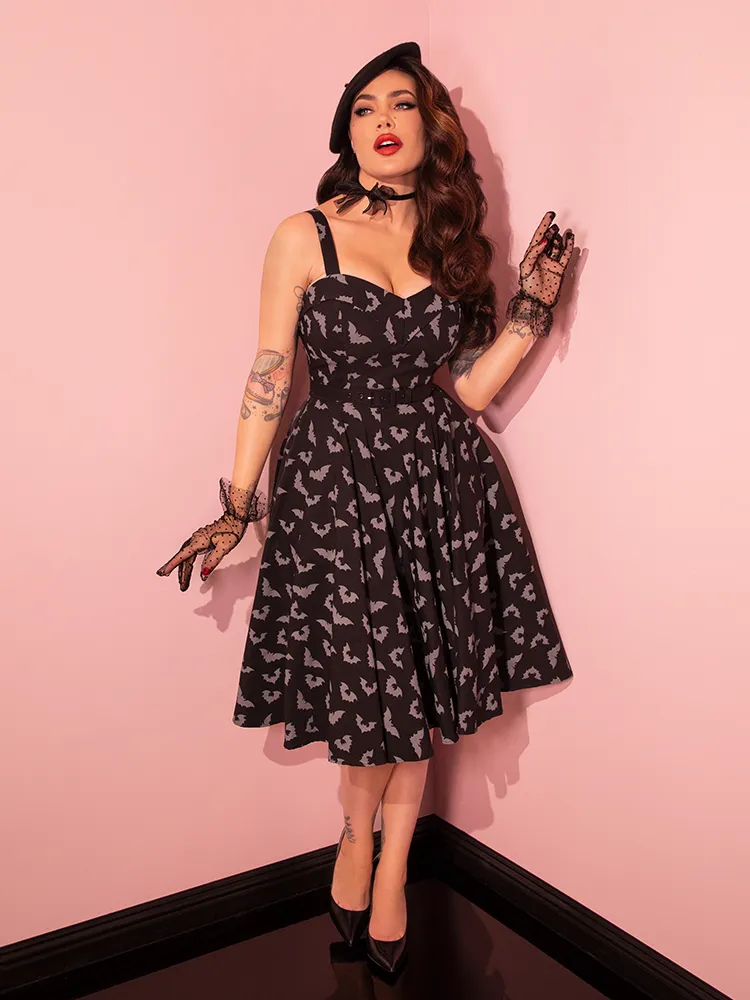 FINAL SALE - Maneater Swing Dress in Glow in the Dark Bat Print in Black - Vixen by Micheline Pitt fall ready