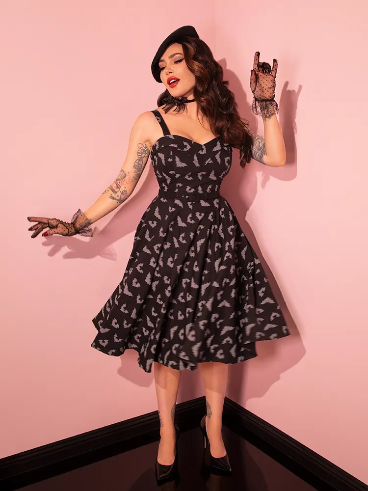 FINAL SALE - Maneater Swing Dress in Glow in the Dark Bat Print in Black - Vixen by Micheline Pitt fall ready