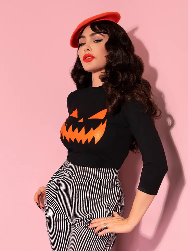 FINAL SALE - Pumpkin King 3/4 Sleeve Top in Black and Orange - Vixen by Micheline Pitt neck hug