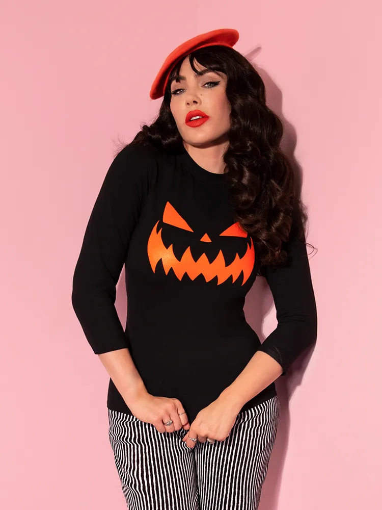 FINAL SALE - Pumpkin King 3/4 Sleeve Top in Black and Orange - Vixen by Micheline Pitt neck hug