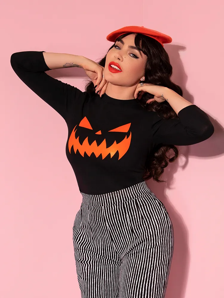FINAL SALE - Pumpkin King 3/4 Sleeve Top in Black and Orange - Vixen by Micheline Pitt neck hug