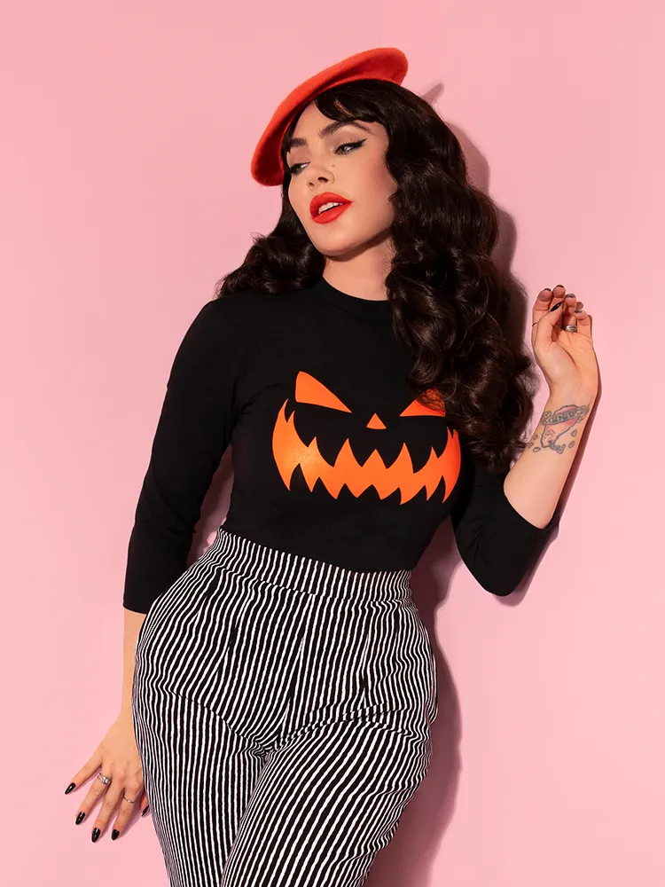 FINAL SALE - Pumpkin King 3/4 Sleeve Top in Black and Orange - Vixen by Micheline Pitt neck hug