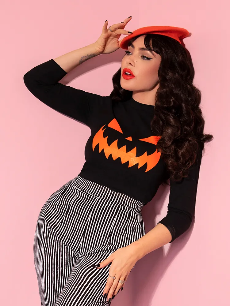 FINAL SALE - Pumpkin King 3/4 Sleeve Top in Black and Orange - Vixen by Micheline Pitt neck hug