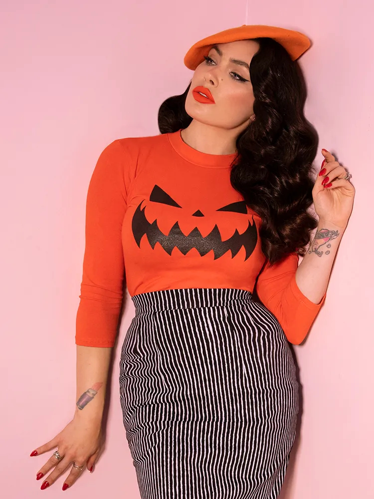 FINAL SALE - Pumpkin King 3/4 Sleeve Top in Orange - Vixen by Micheline Pitt book zone
