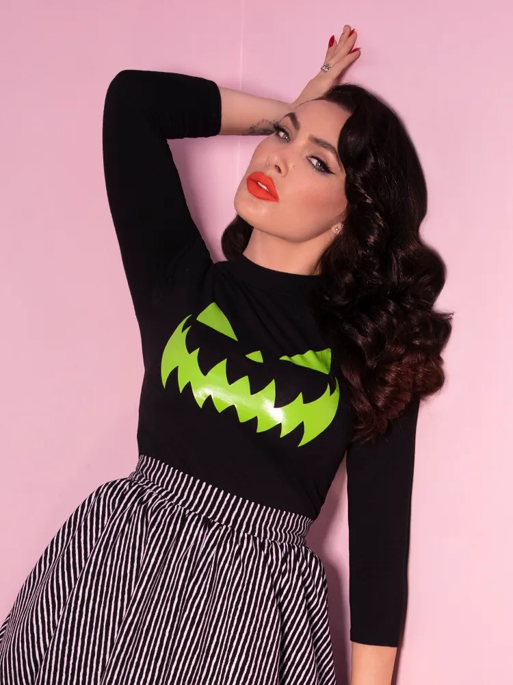 FINAL SALE - Pumpkin King Glow in the Dark 3/4 Sleeve Top in Black and Green - Vixen by Micheline Pitt oversize fit