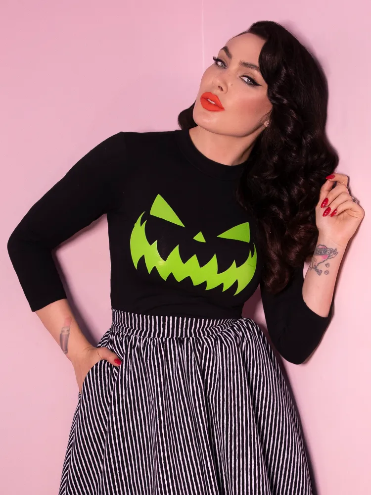 FINAL SALE - Pumpkin King Glow in the Dark 3/4 Sleeve Top in Black and Green - Vixen by Micheline Pitt oversize fit