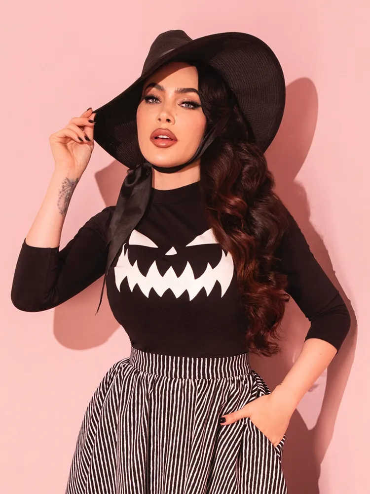 FINAL SALE - Pumpkin King Glow in the Dark 3/4 Sleeve Top in Black and White - Vixen by Micheline Pitt quiet tone