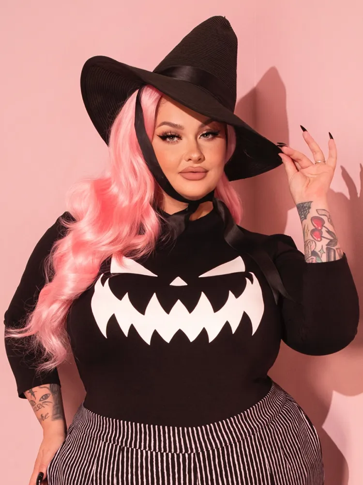 FINAL SALE - Pumpkin King Glow in the Dark 3/4 Sleeve Top in Black and White - Vixen by Micheline Pitt quiet tone
