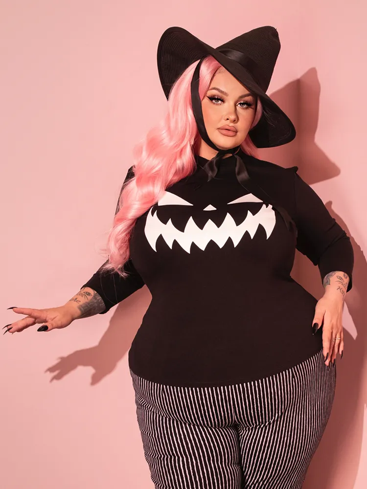 FINAL SALE - Pumpkin King Glow in the Dark 3/4 Sleeve Top in Black and White - Vixen by Micheline Pitt quiet tone