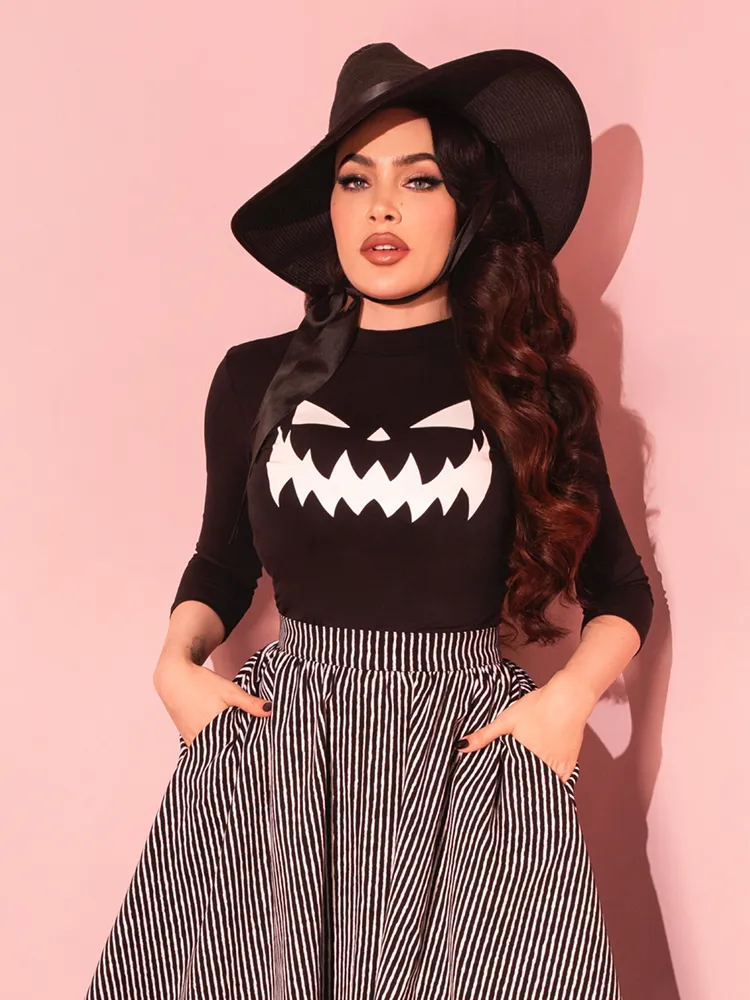FINAL SALE - Pumpkin King Glow in the Dark 3/4 Sleeve Top in Black and White - Vixen by Micheline Pitt quiet tone