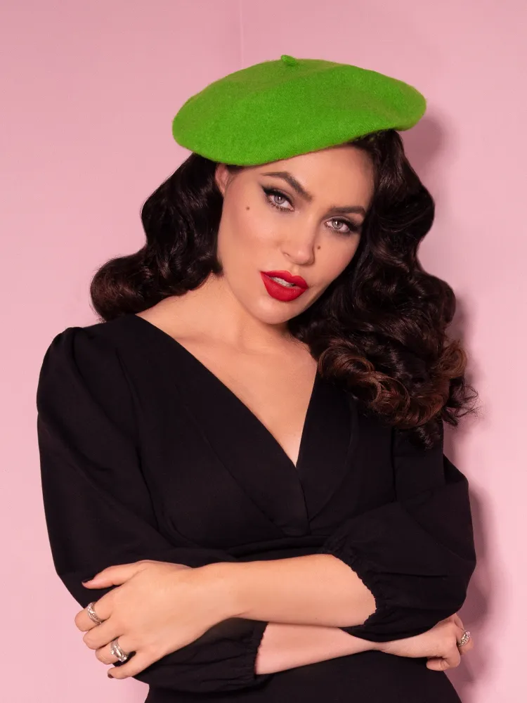 FINAL SALE - Vintage-Style Beret in Slime Green vest pair