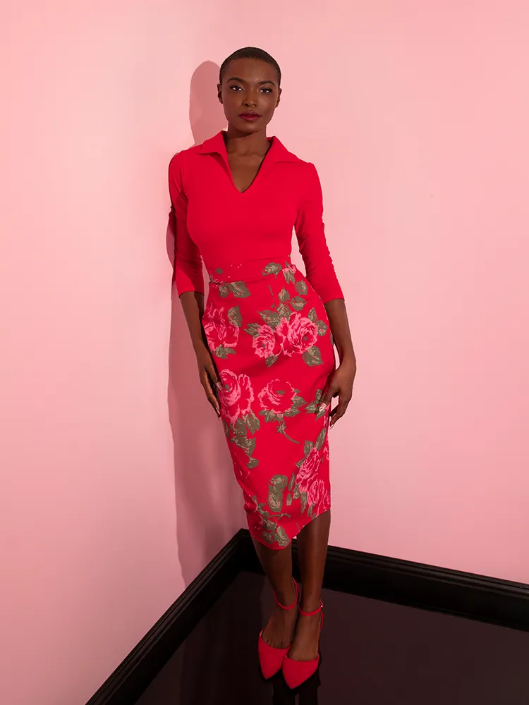 FINAL SALE - Vixen Pencil Skirt in Vintage Red Rose Print - Vixen by Michelin Pitt family ease