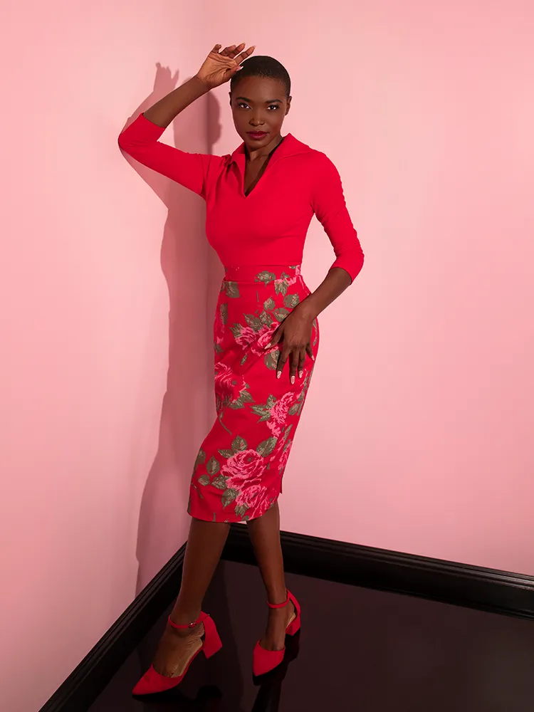 FINAL SALE - Vixen Pencil Skirt in Vintage Red Rose Print - Vixen by Michelin Pitt family ease